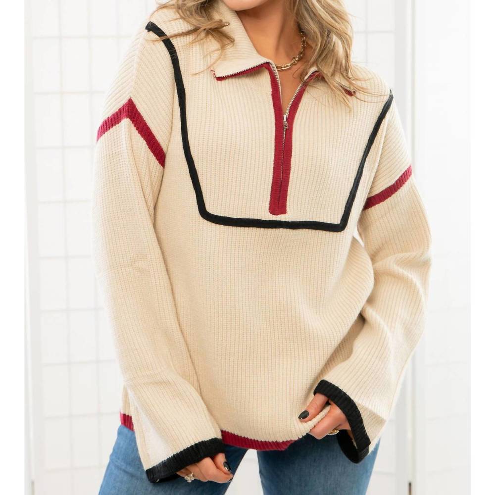 NEW LULA THE LABEL quarterback keeper contrast quarter zip sweater in garnet and